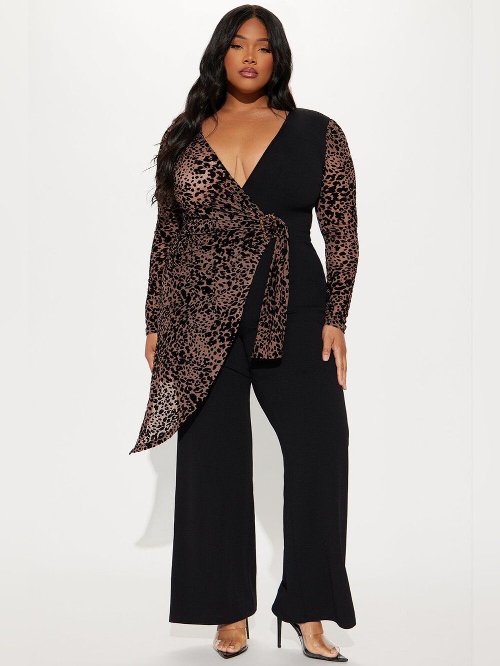 Fashion Nova Black & Brown Leopard Wrap Jumpsuit